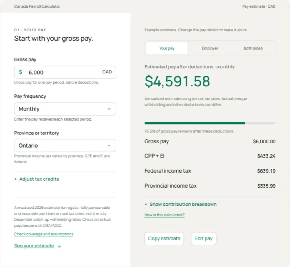 Canadian payroll calculator showing gross pay inputs and an estimated deduction breakdown