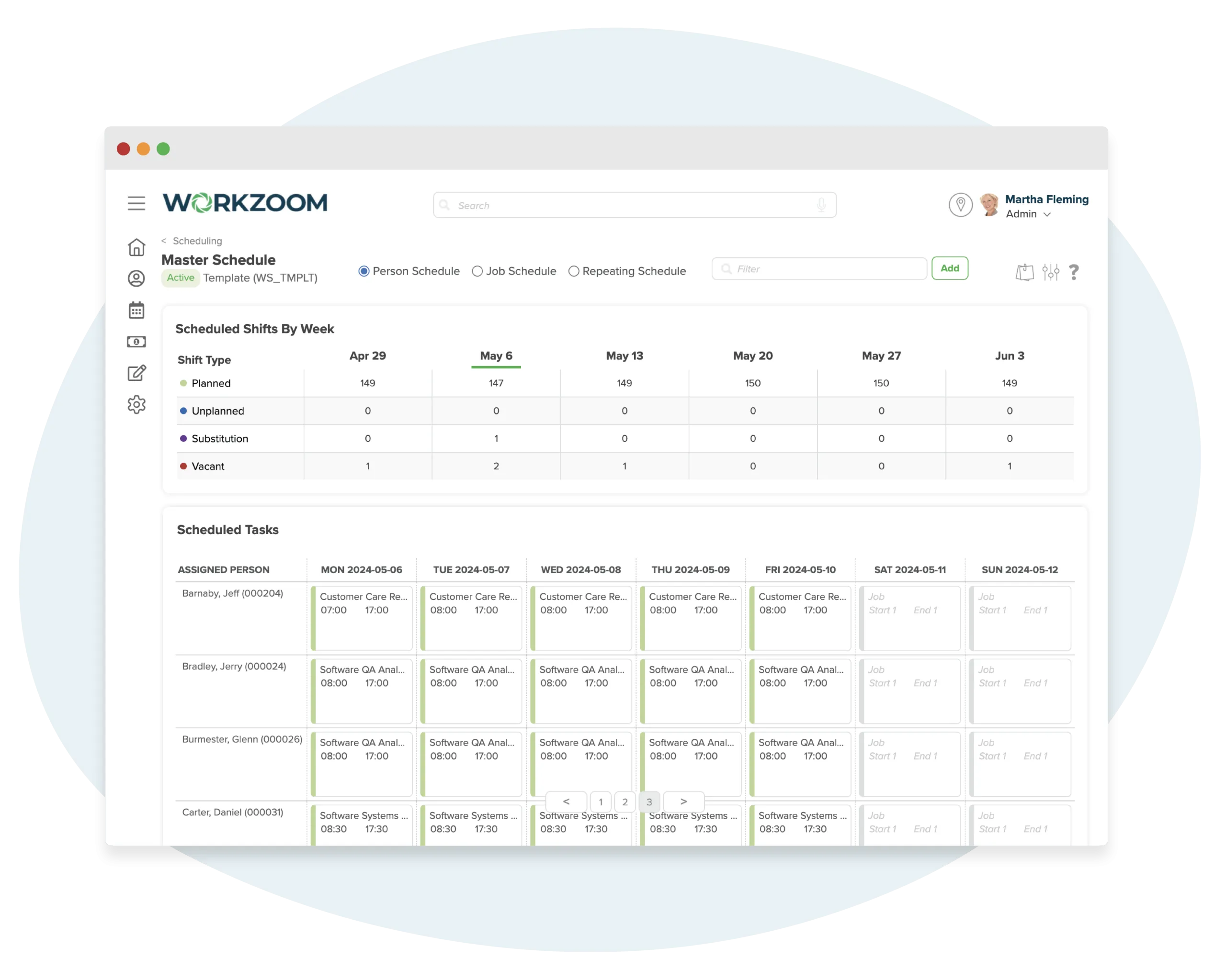 Workzoom scheduling interface for managing shifts