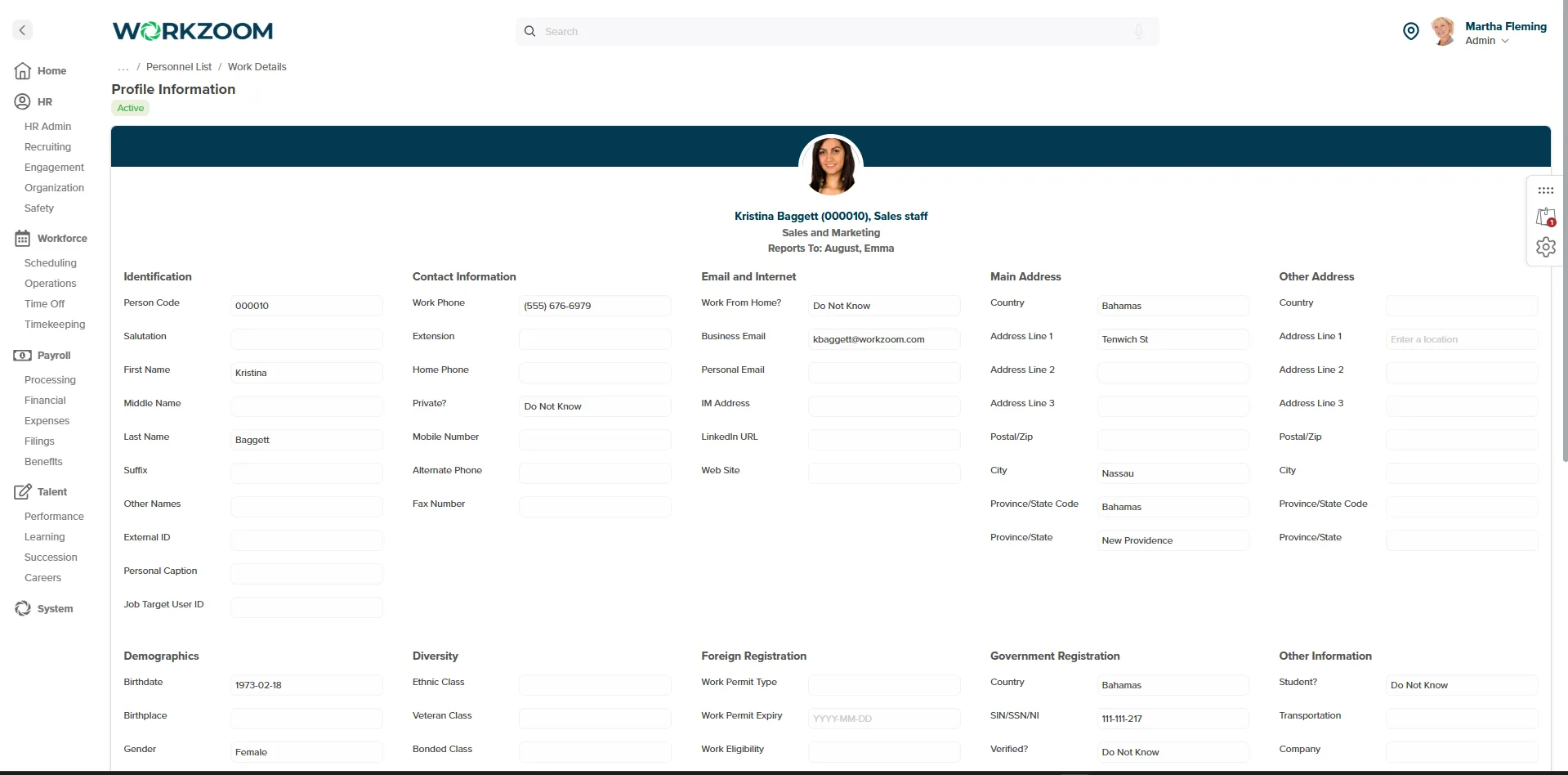 Workzoom employee profile for the Bahamas: NIB registration, C10 reporting, Nassau addresses on one record across HR, payroll, workforce, talent.