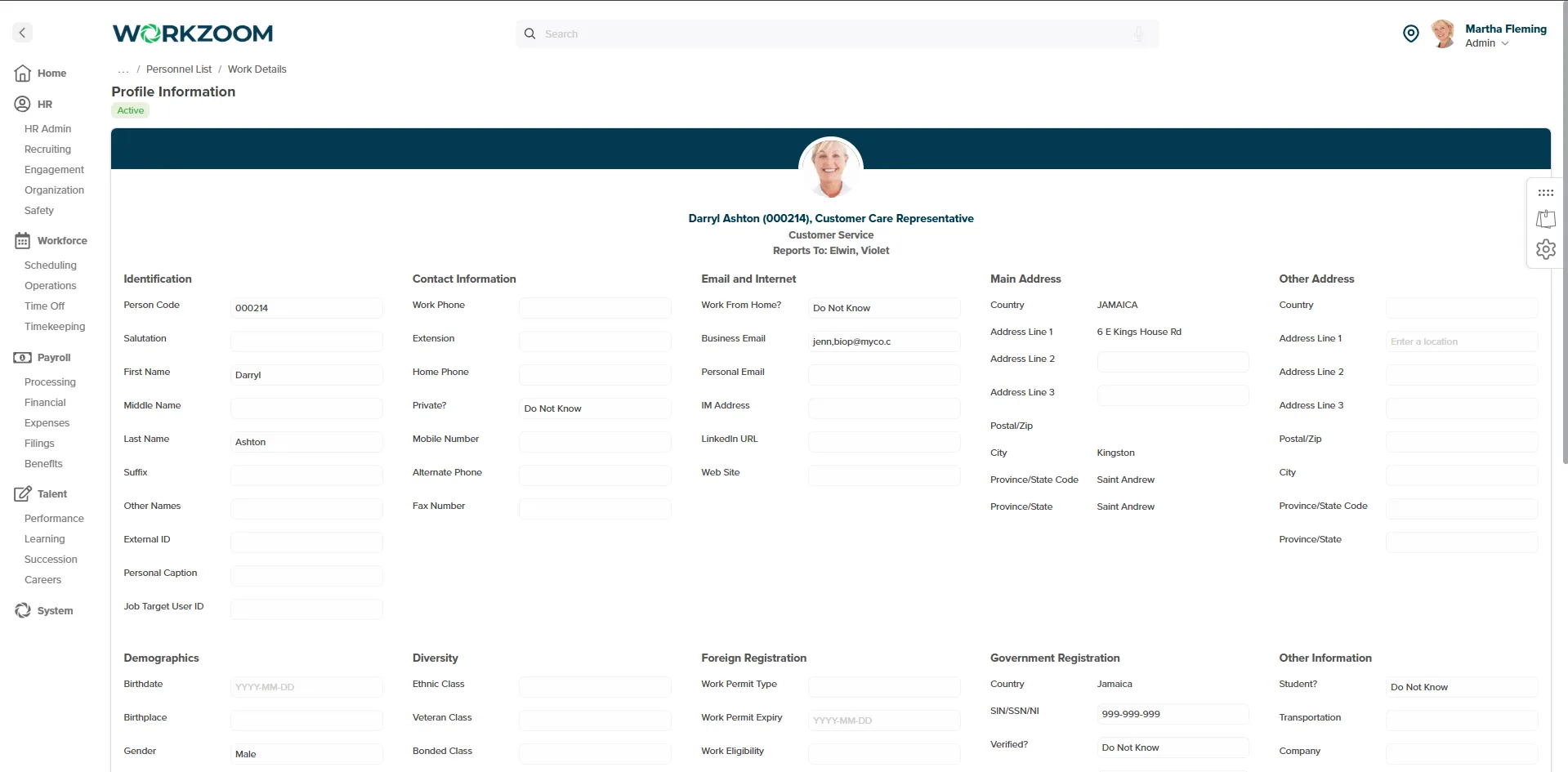 Workzoom employee profile for Jamaica: PAYE, NIS, NHT, HEART/NSTA, Education Tax on one record across HR, payroll, workforce, talent.