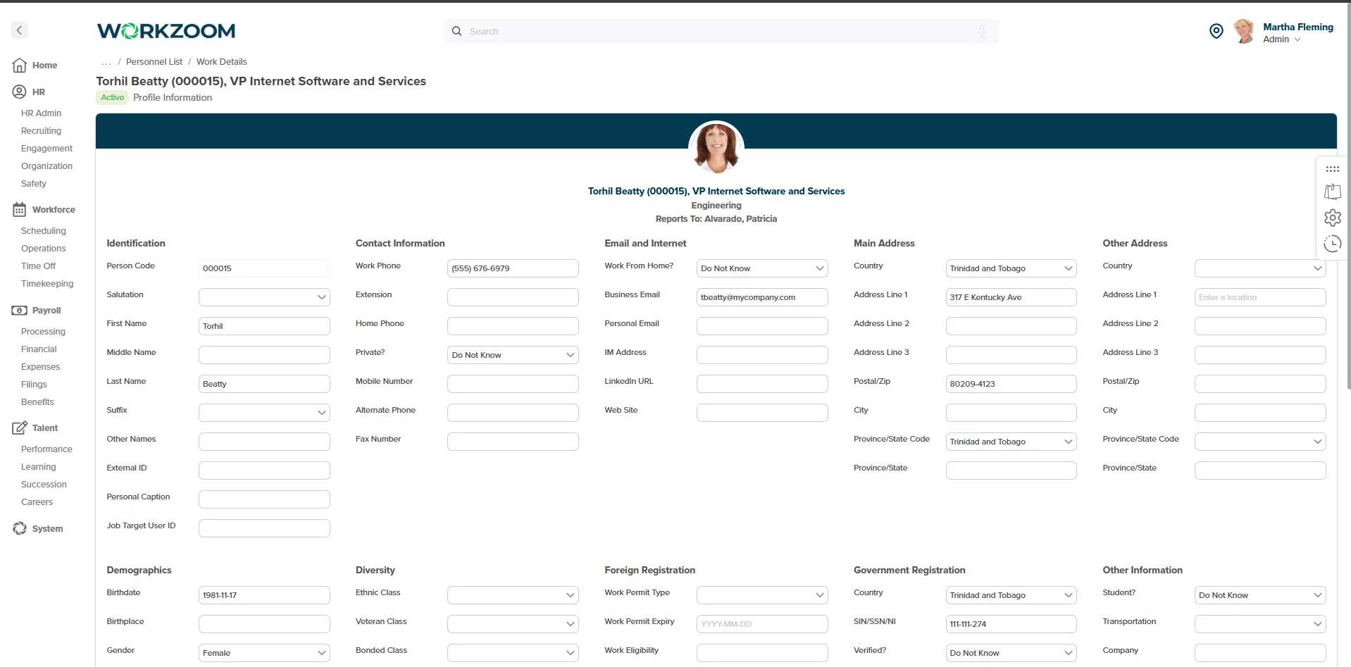 Workzoom employee profile for Trinidad and Tobago: NIS, PAYE BIR, Health Surcharge, Green Fund on one record across HR, payroll, workforce, talent.