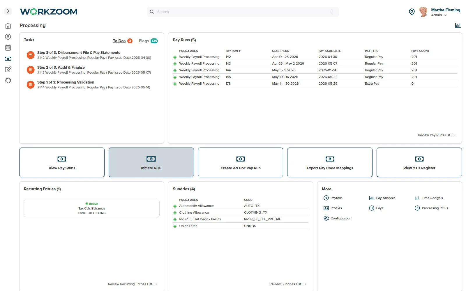 Workzoom construction payroll dashboard with union and non-union crews on one pay run