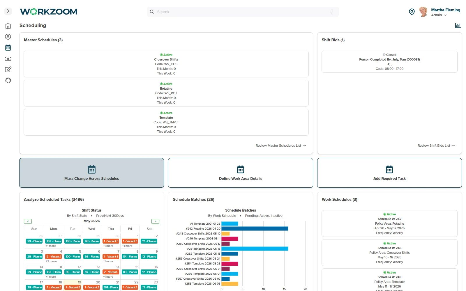 Workzoom scheduling dashboard with master schedules and shift batches for gaming & casinos teams