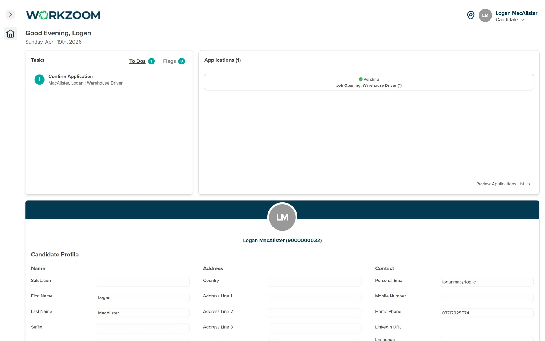 Workzoom candidate dashboard for Logan MacAlister showing Tasks with Confirm Application, pending Warehouse Driver application, and self-registered candidate profile with name, address, and contact fields, all-in-one HR and payroll software in Workzoom
