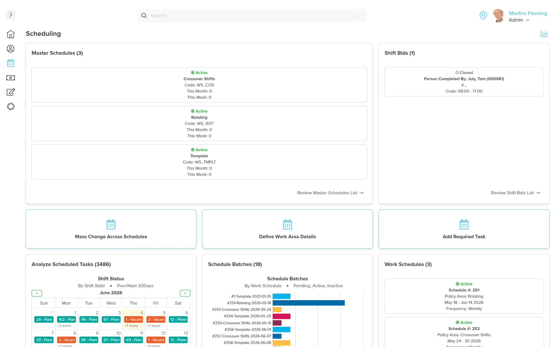 Workzoom Scheduling admin dashboard: master schedules and shift bids, a scheduled-tasks calendar of planned and vacant shifts, 18 schedule batches, work schedules, schedule templates, and 12 work areas and teams, with quick actions to mass-change schedules and define work areas.