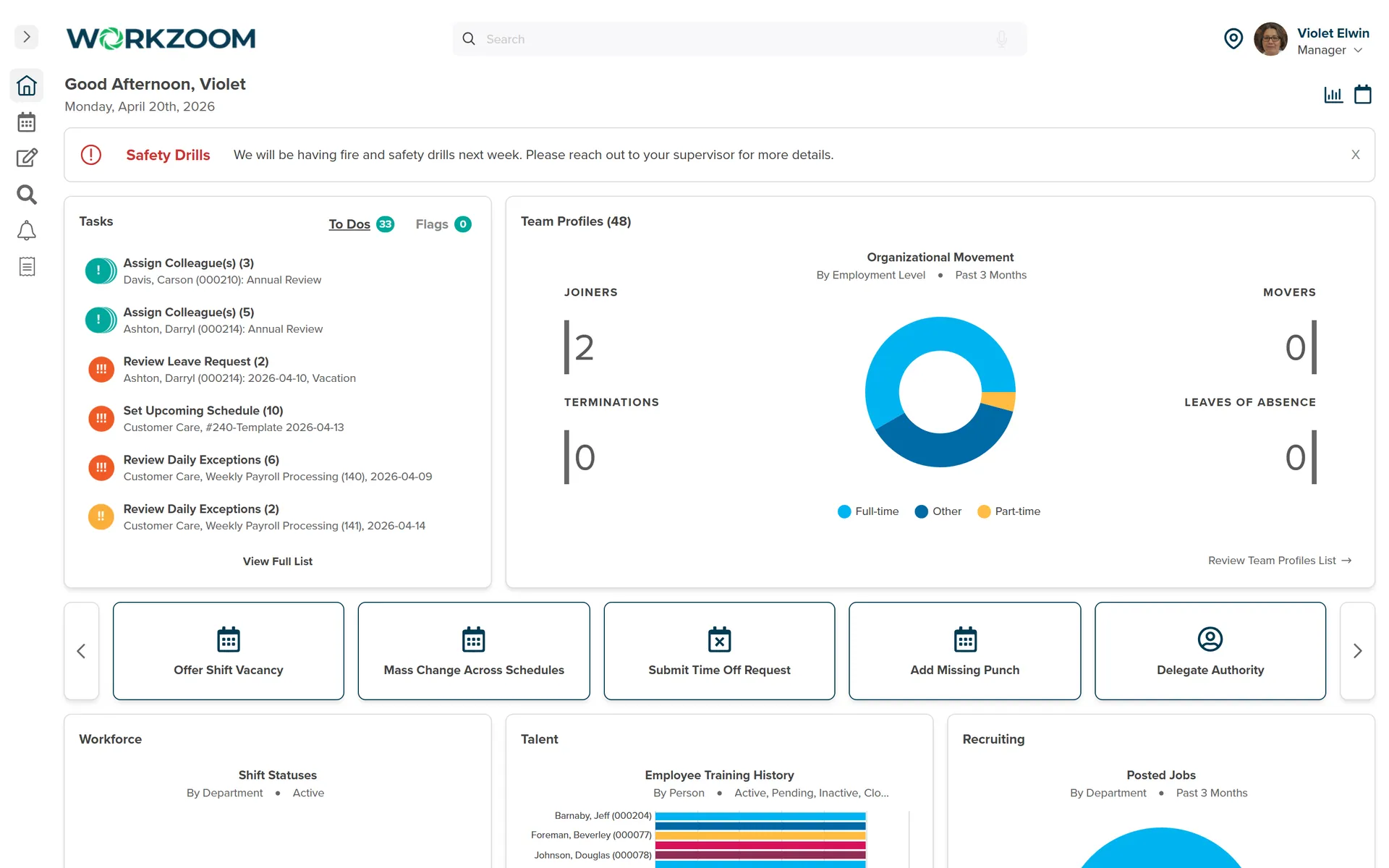 Workzoom manager home for Violet Elwin: 33 to-dos in one Tasks queue across Review Leave Request (Darryl Ashton vacation), Assign Colleague(s) annual reviews for Carson Davis and Darryl Ashton, Set Upcoming Schedule for Customer Care, and Review Daily Exceptions on two weekly payrolls — Recruiting, Workforce, Time Off, Performance, and Payroll actions all unified in one queue.