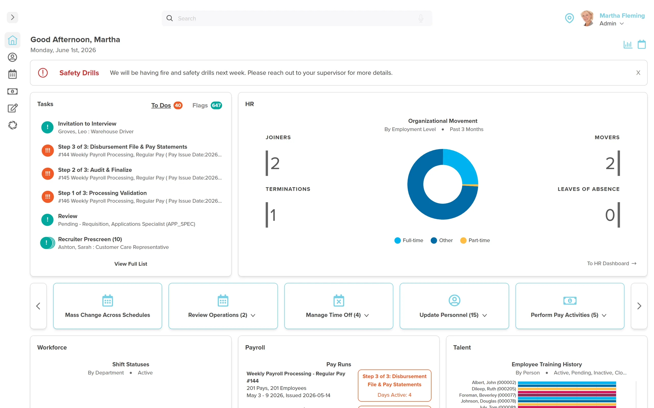 Workzoom HR dashboard showing organizational movement, payroll runs across countries, and employee training history on one screen.