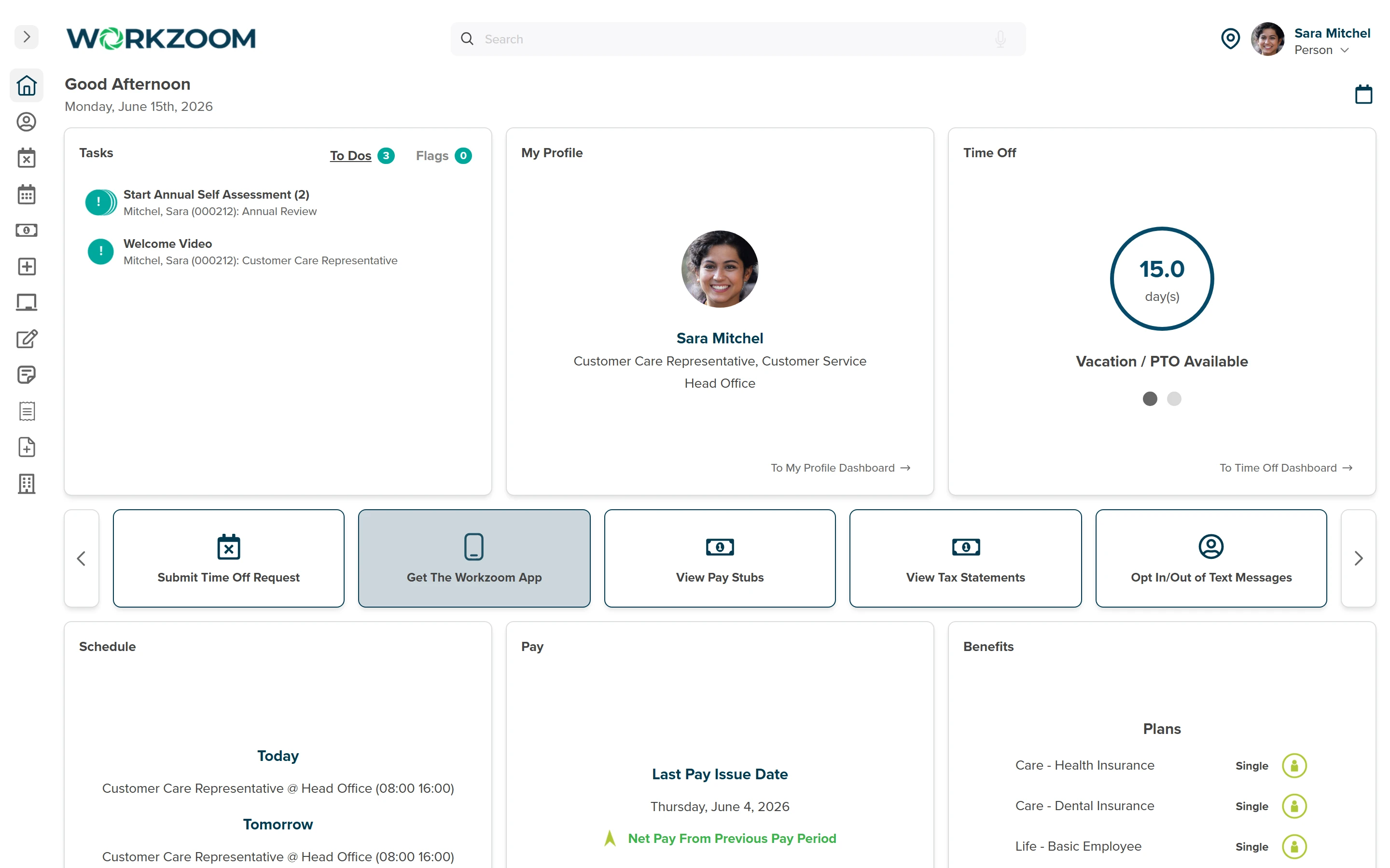 Workzoom new hire self-service dashboard showing onboarding tasks, a welcome video, time off balance, pay, and benefits