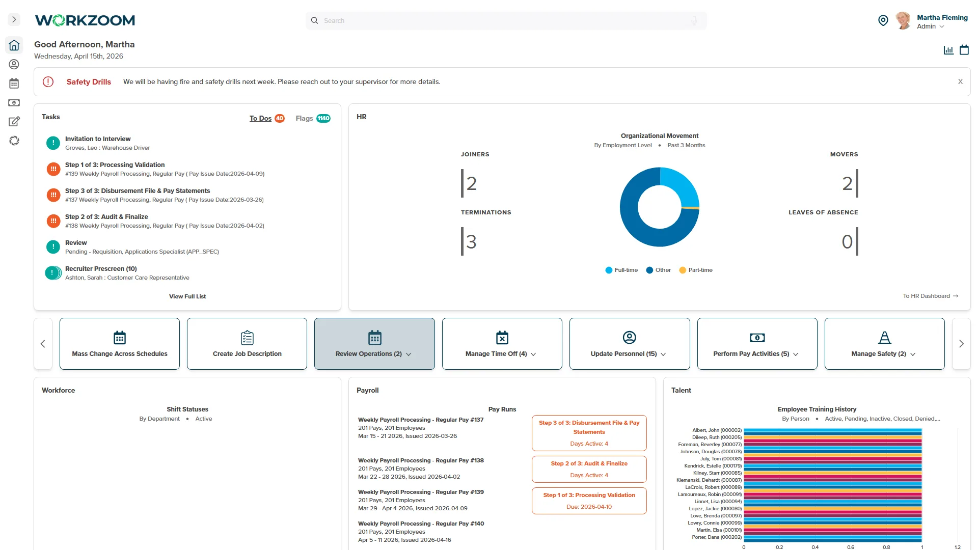 Workzoom payroll dashboard with PAYE, NIC, and auto-enrolment pension deductions