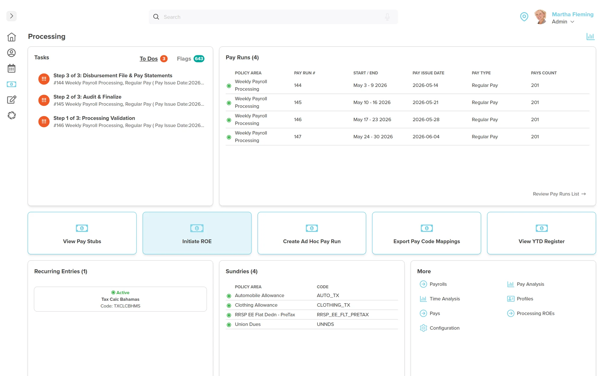 Workzoom payroll processing dashboard showing the three-step pay run workflow, weekly pay runs with issue dates and pay counts, and quick actions to view pay stubs, initiate an ROE, and view the YTD register