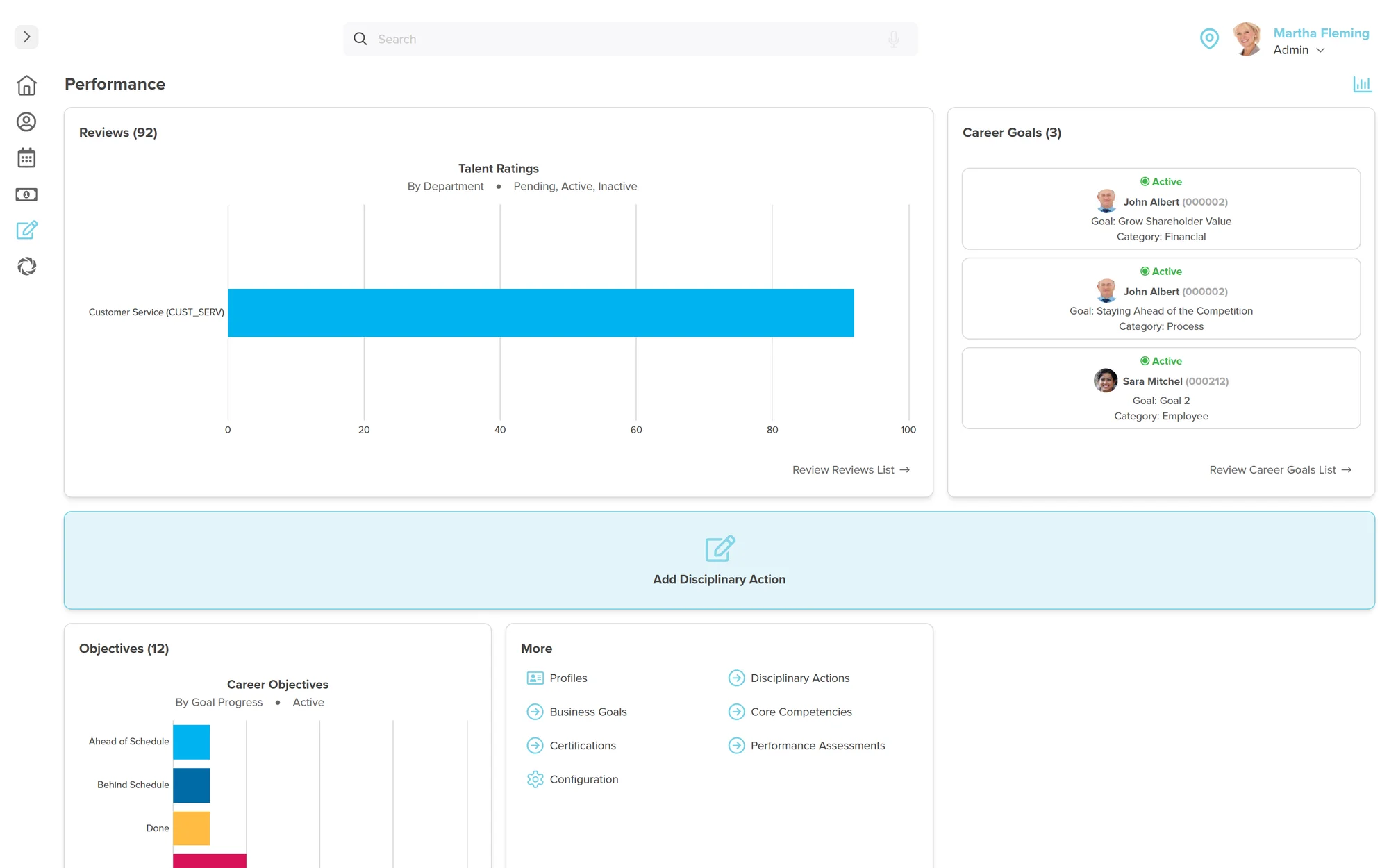 Workzoom performance management showing review cycles, goal tracking, and talent assessment for developing Bahamian teams