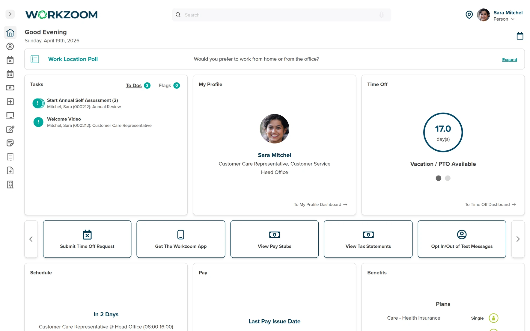 Workzoom employee self-service dashboard for Sara Mitchel showing 17 days vacation available, Submit Time Off Request, pay stubs, schedule, and benefits