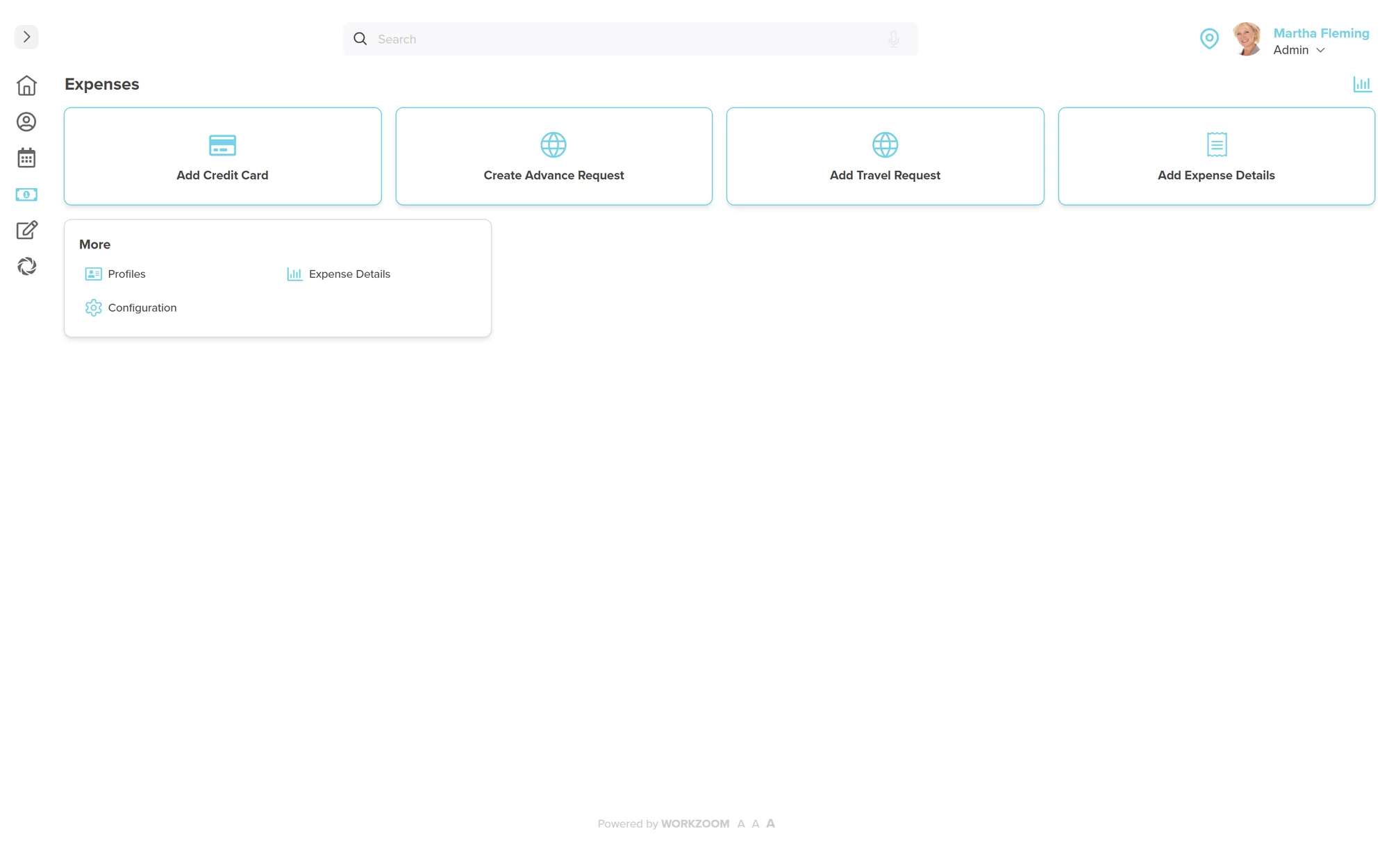 Workzoom Expenses screen showing quick-action tiles for adding a credit card, advance request, travel request, and expense details, plus a More panel with Profiles, Expense Details, and Configuration.