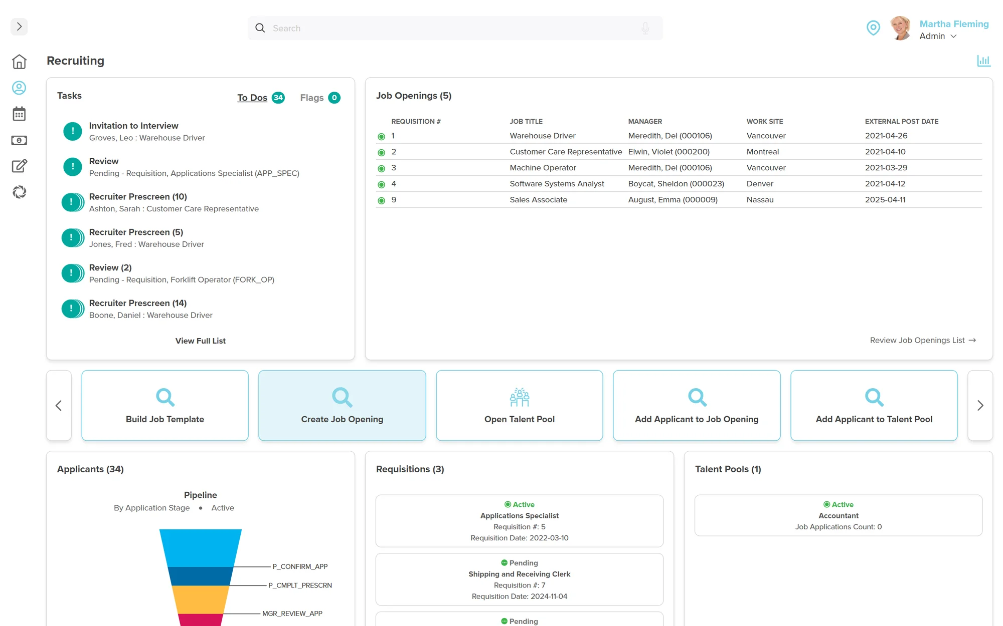 Workzoom Recruiting dashboard showing a hiring Tasks panel, a Job Openings table with requisition numbers and work sites, Can-Do action tiles, and an Applicants pipeline funnel by application stage.