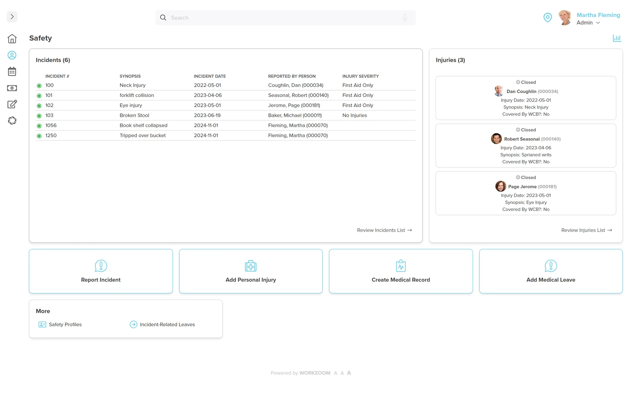 Workzoom Safety dashboard showing an Incidents list of six logged events with synopsis, date, reporter and injury severity columns, alongside an Injuries panel of closed cases with injury dates and WCB coverage status.