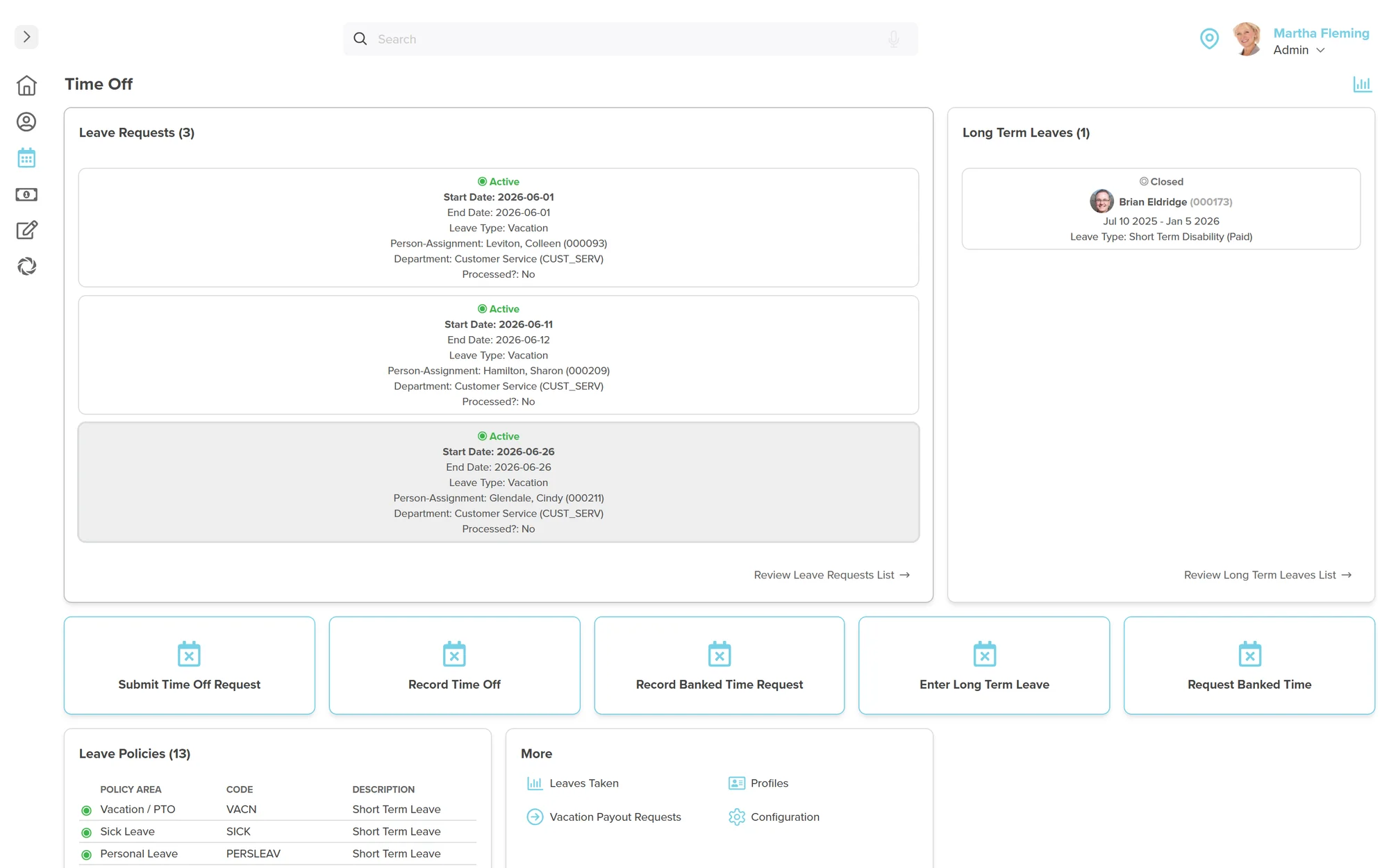 Workzoom Time Off screen showing active leave requests with start and end dates, a long term leaves panel, a 13-row leave policies table, and quick-action tiles.