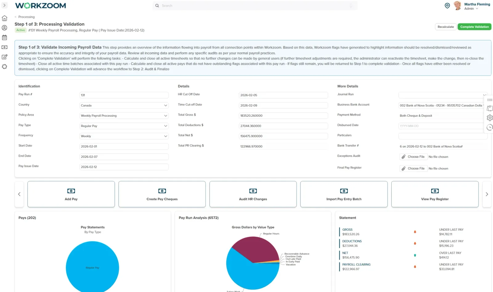 Bahamas payroll software pay-run processing screen with NIB and statutory deductions, employee changes, and approvals visible