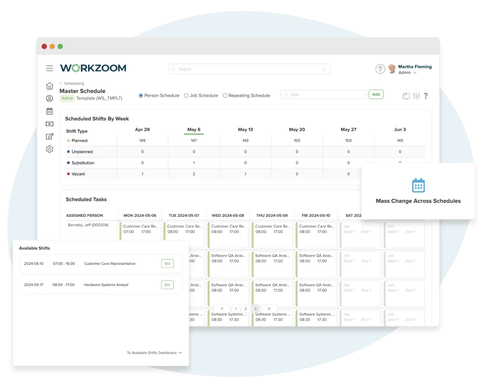 Workzoom employee scheduling software dashboard showing master schedules, shift bids, schedule batches, vacancy tracking, and weekly shift calendar with planned and vacant shift status, workforce management software in Workzoom