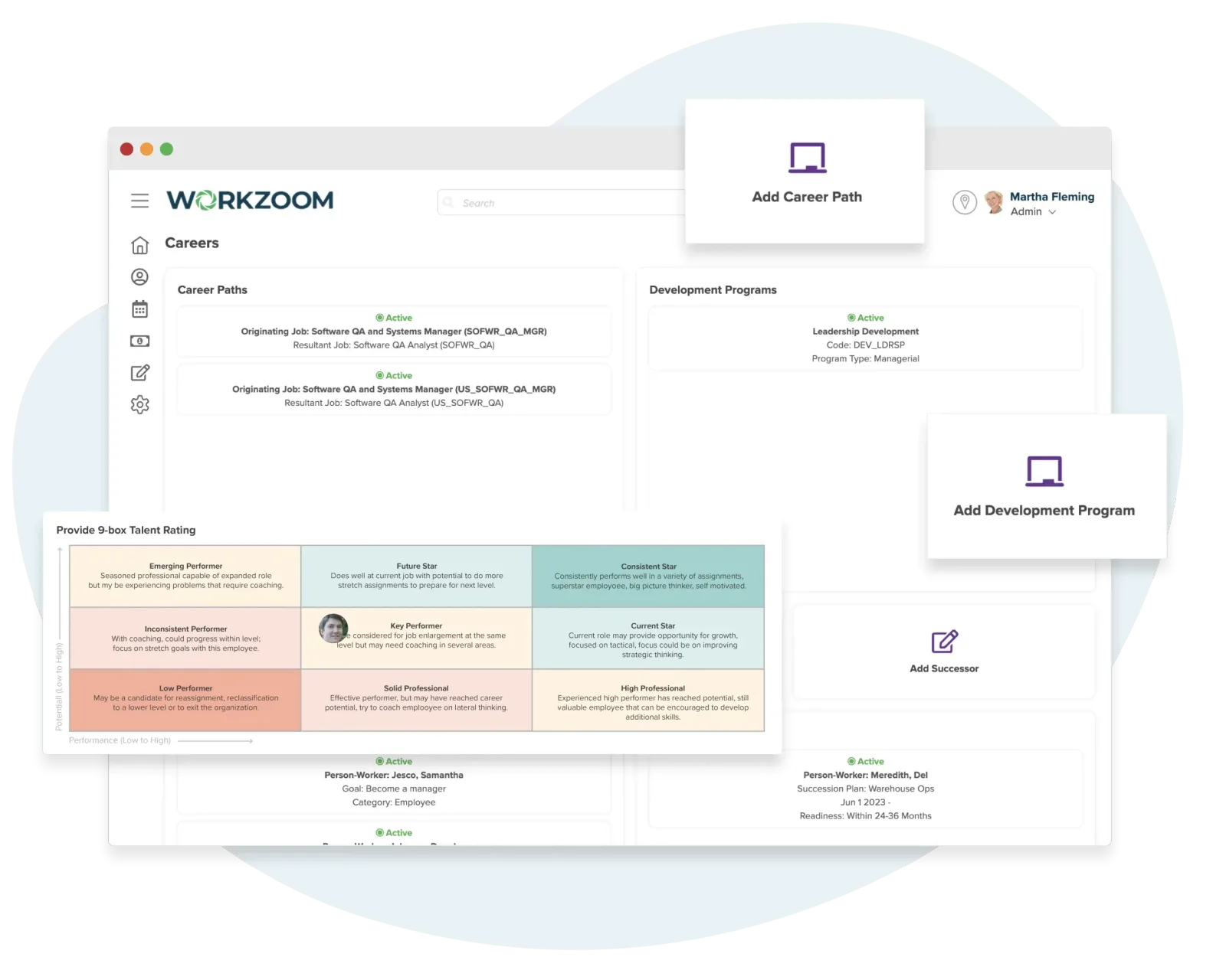 Workzoom career planning software showing employee career paths, 9-box talent rating grid, development programs, and succession planning dashboard