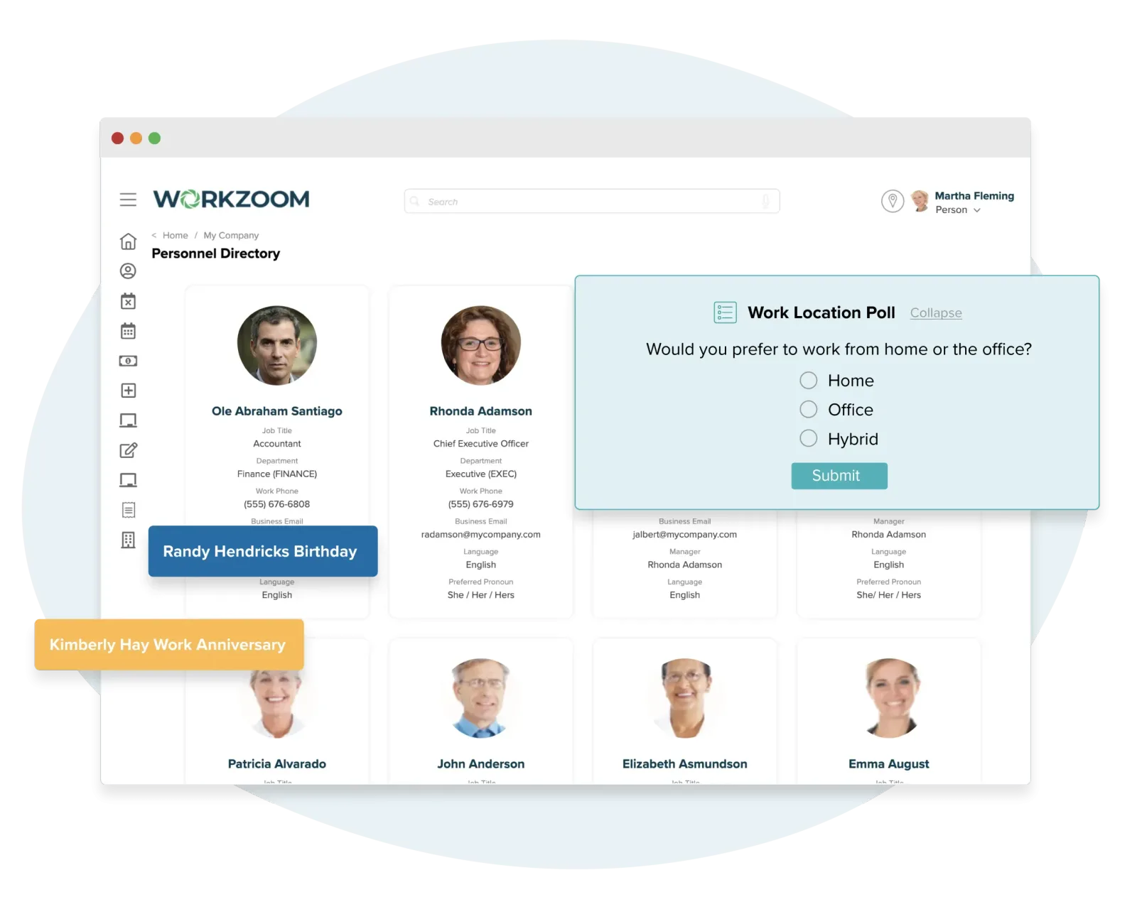 Workzoom HR engagement module showing employee survey dashboard, communications, and favorability scoring