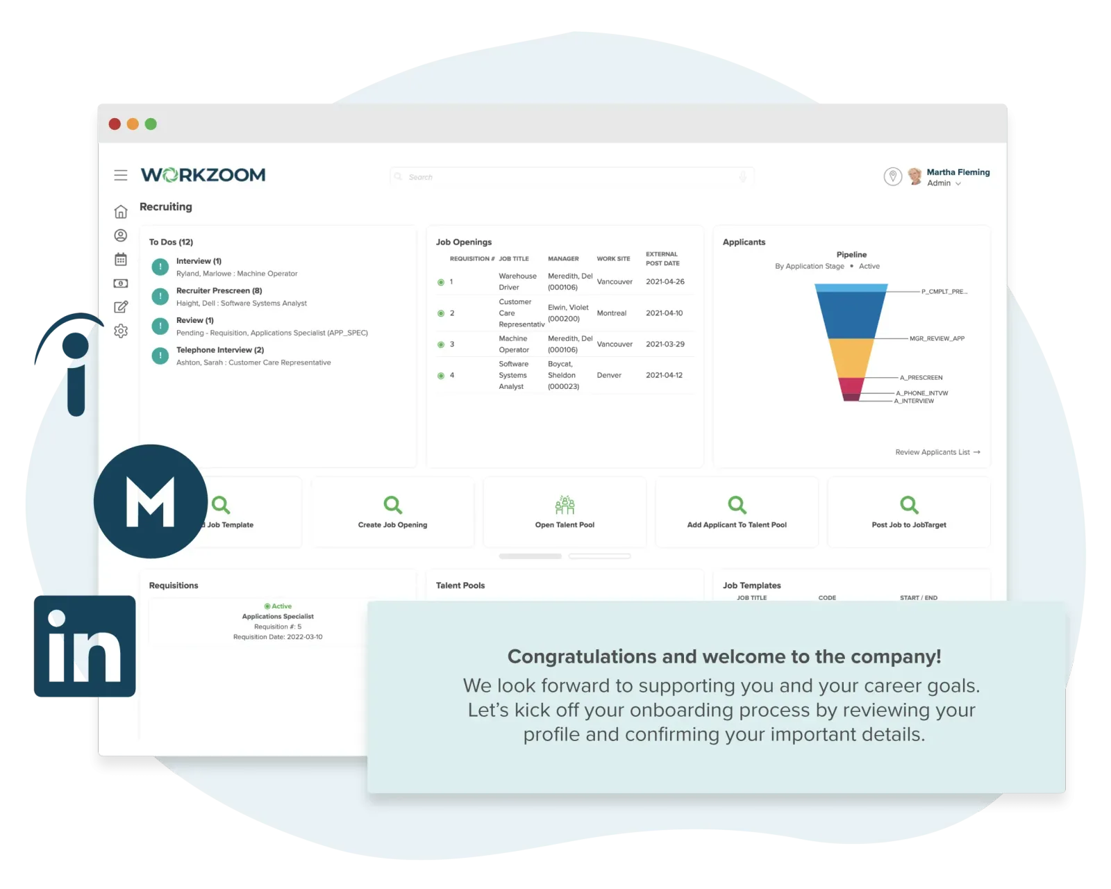 Workzoom HR recruiting module showing applicant tracking pipeline, job postings, and career page builder