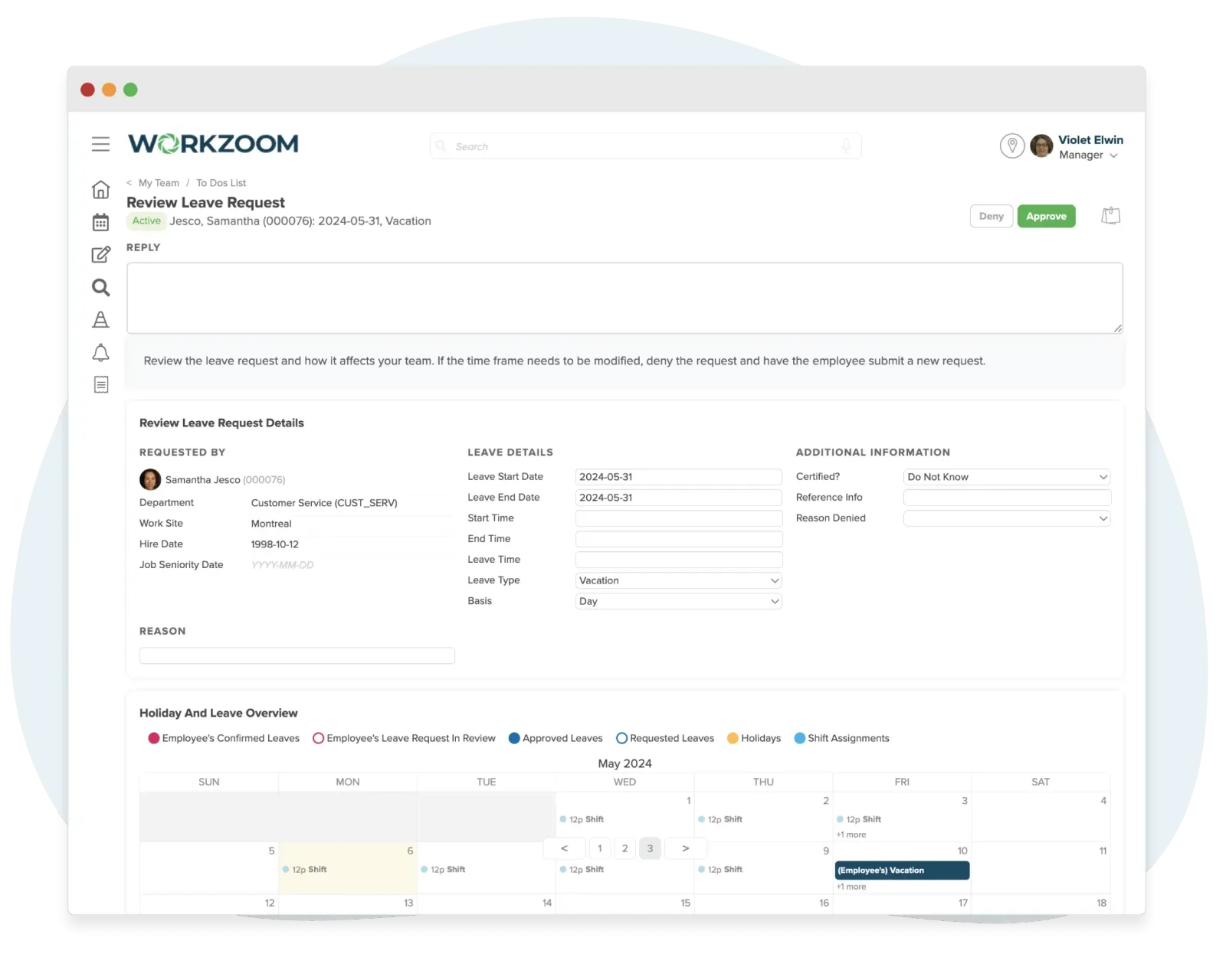 Workzoom Time Off screen showing active leave requests with start and end dates, a long term leaves panel, a 13-row leave policies table, and quick-action tiles.