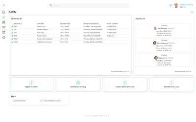 Workzoom Safety dashboard showing an Incidents list of six logged events with synopsis, date, reporter and injury severity columns, alongside an Injuries panel of closed cases with injury dates and WCB coverage status., workplace safety software in Workzoom