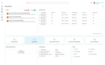 Workzoom payroll processing dashboard showing the three-step pay run workflow, weekly pay runs with issue dates and pay counts, and quick actions to view pay stubs, initiate an ROE, and view the YTD register, payroll processing software in Workzoom