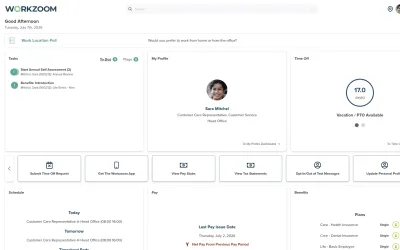Workzoom leave management showing balances, requests, and approval workflows