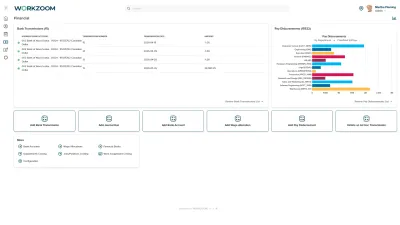 Workzoom payroll financial reports showing pay run summaries, deductions, and remittance totals