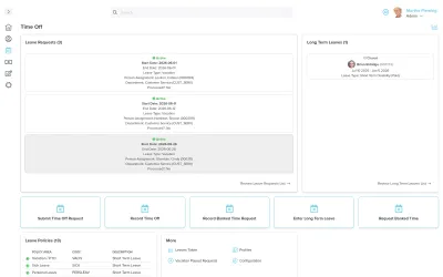 Workzoom Time Off screen showing active leave requests with start and end dates, a long term leaves panel, a 13-row leave policies table, and quick-action tiles., leave management software in Workzoom