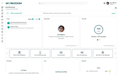 Workzoom leave management showing balances, requests, and approval workflows
